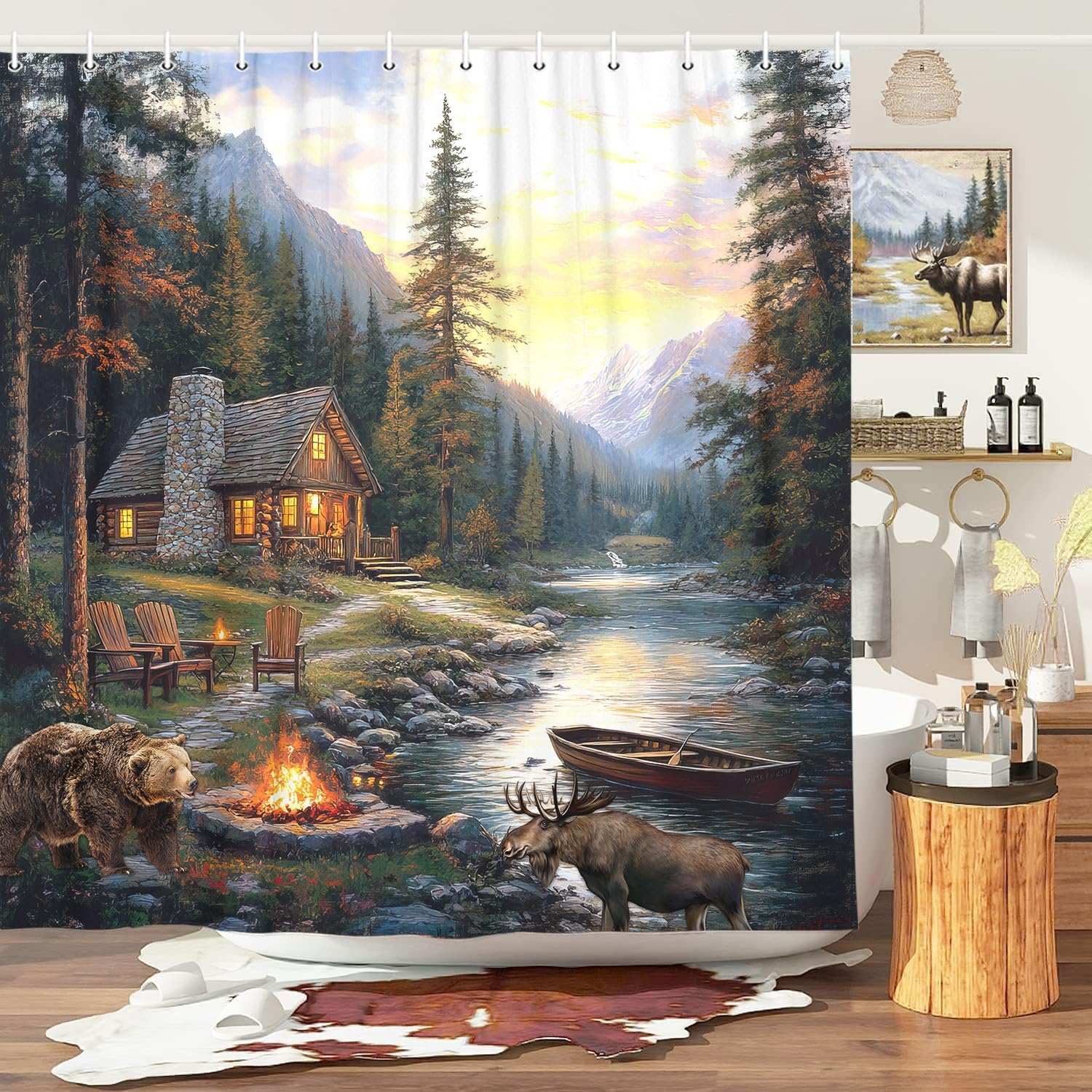 Hunting And Camping In Forest - Rustik Kabin Kulübesi Duş Perdesi Ayı
