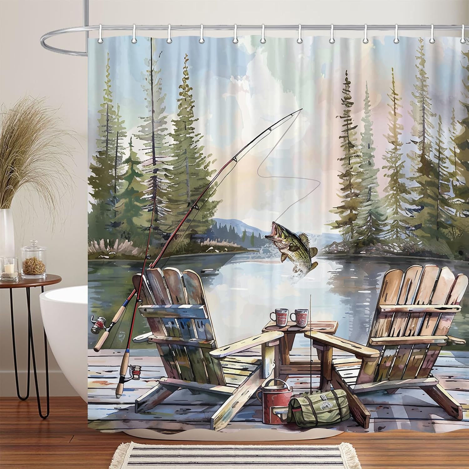 Rustik Balıkçılık Duş Perdesi, - Hunting And Camping In Forest incelemesi ve fiyatı