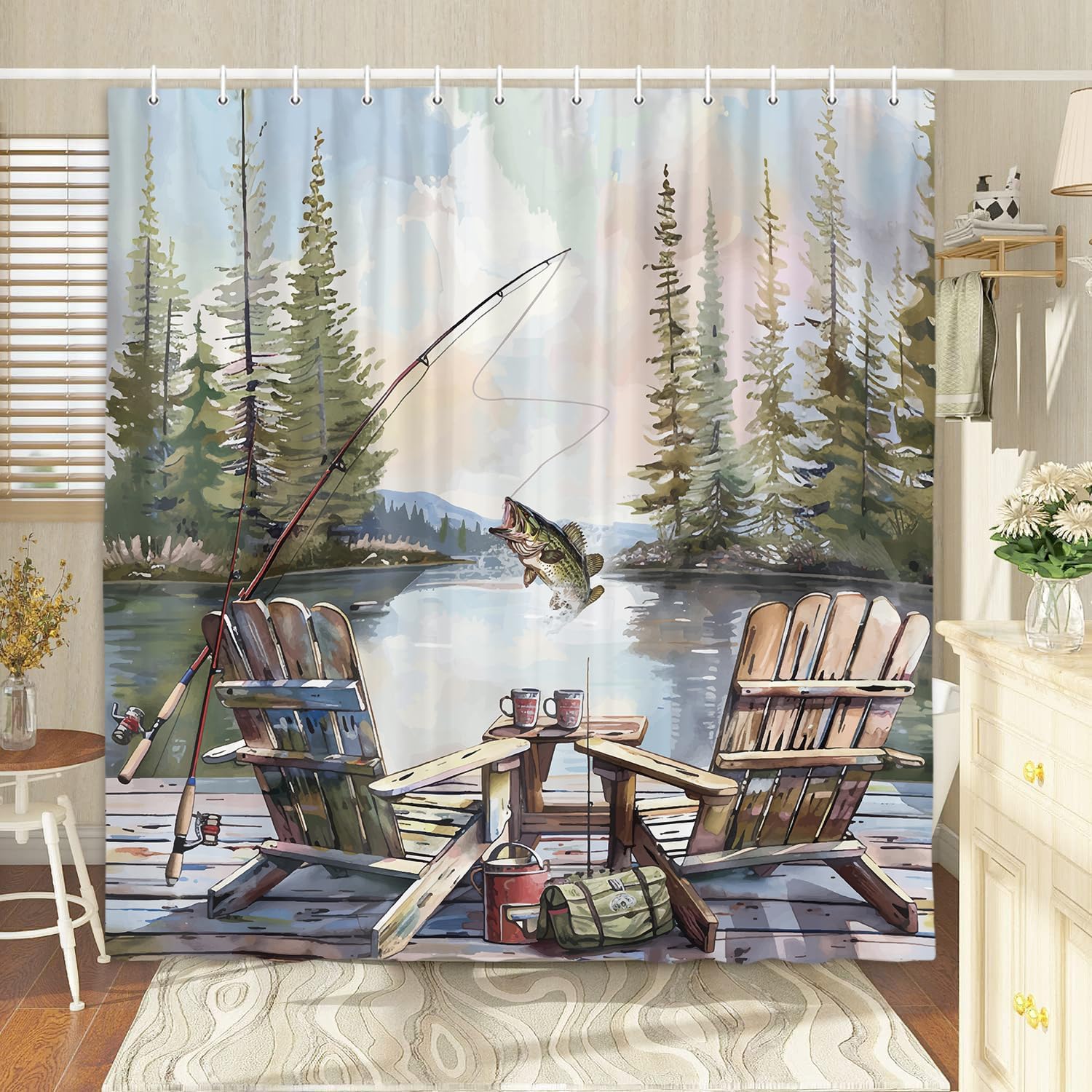 Rustik Balıkçılık Duş Perdesi, - Hunting And Camping In Forest incelemesi ve fiyatı