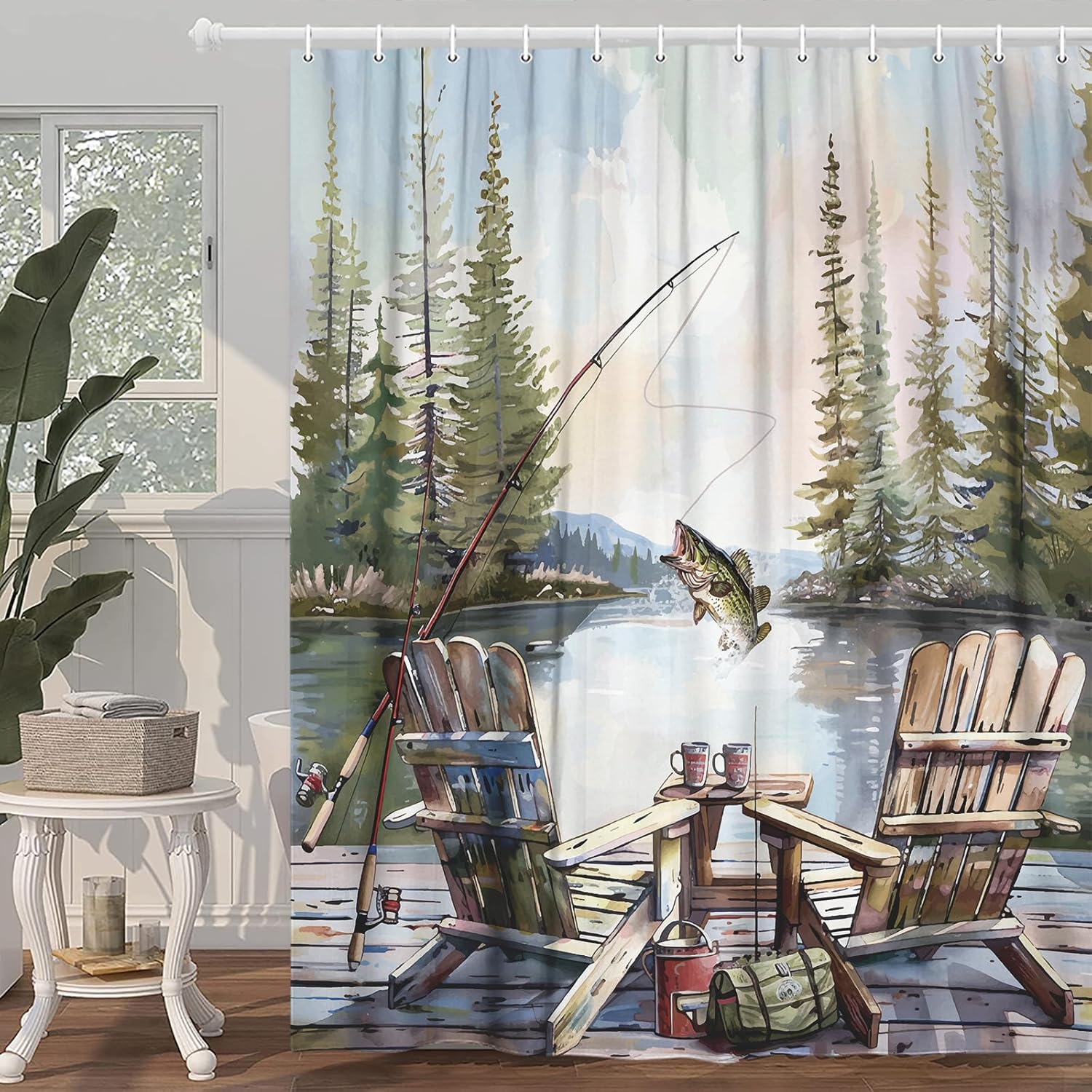 Rustik Balıkçılık Duş Perdesi, - Hunting And Camping In Forest incelemesi ve fiyatı